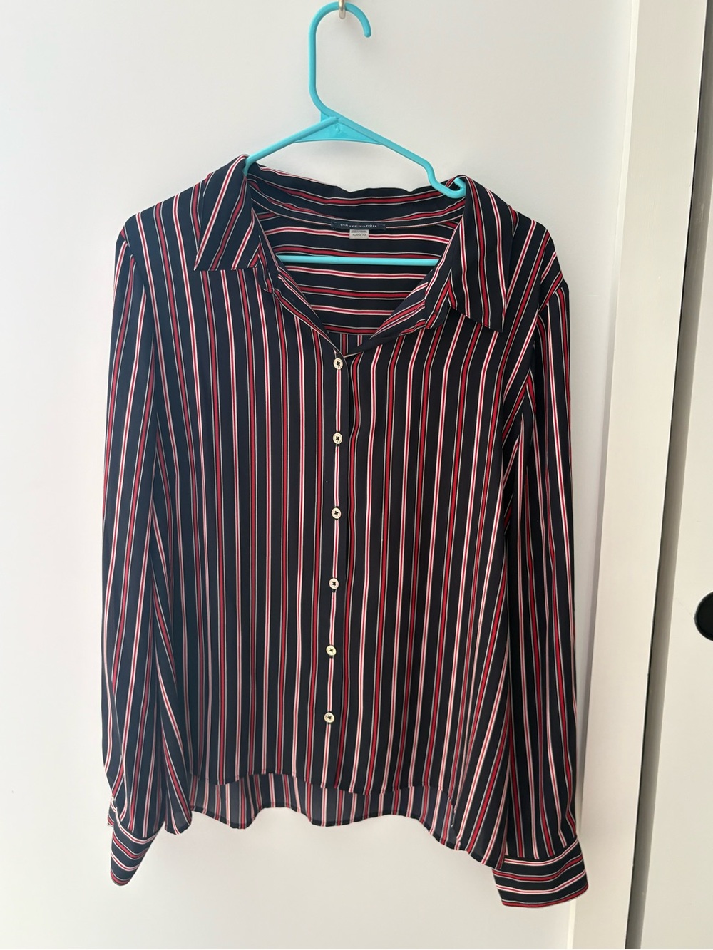Tommy Hilfiger Black Button-Down Shirt with Pink and White Stripes
